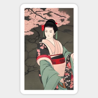 Geisha in Japanese garden, ukiyo e style Sticker